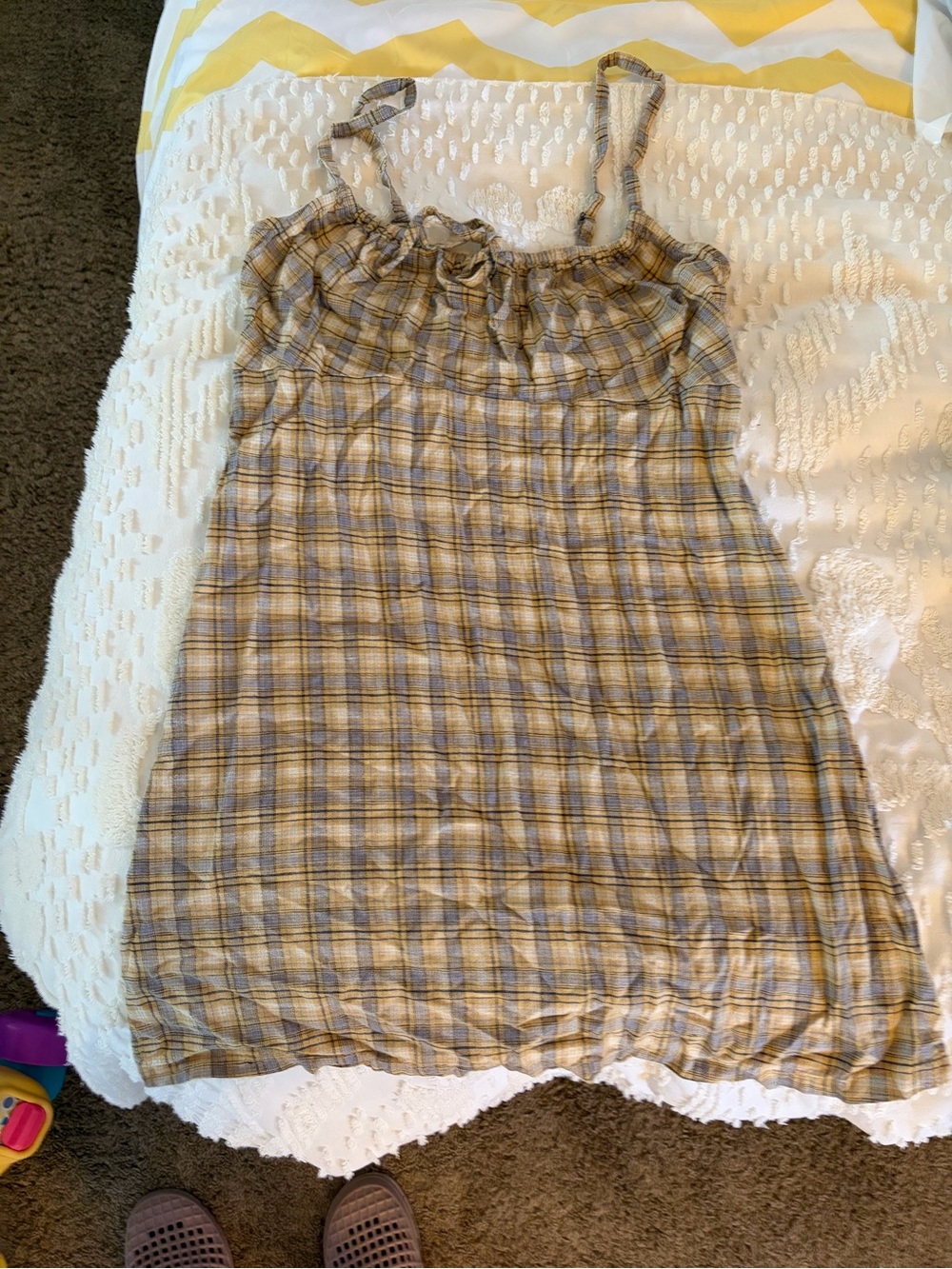 Urban Outfitters Yellow Plaid Ruffle-Neck Mini Dress